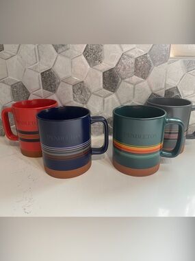 Pendleton Green, Blue & Red Striped Ceramic Mugs Set of 4